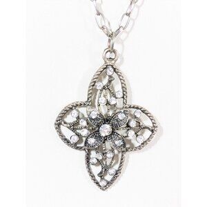 Vintage Silver Tone Open Metal Work Cross Flower Rhinestone Penant Necklace 26"